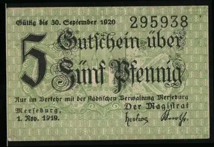Notgeld Merseburg 1919, 5 Pfennig, Wappen, Unterschrift vom Magistrat