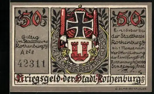 Notgeld Rothenburg, 50 Pfennig, Wappen, Soldat auf der Wacht