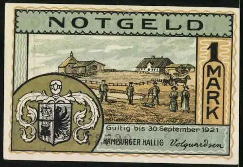 Notgeld Hamburger Hallig 1921, 1 Mark, Insel bei hohen Wellen, Bauern