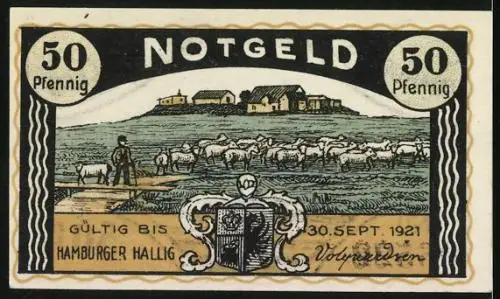 Notgeld Hamburger Hallig 1921, 50 Pfennig, leichte Wellen, Schäfer mit seiner Herde