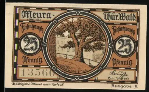 Notgeld Meura 1921, 25 Pfennig, Angerlinde und Wappen mit Sonnenblume
