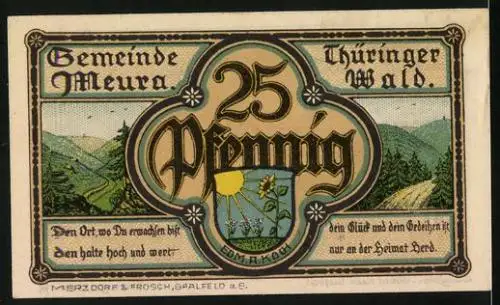 Notgeld Meura 1921, 25 Pfennig, Angerlinde und Wappen mit Sonnenblume