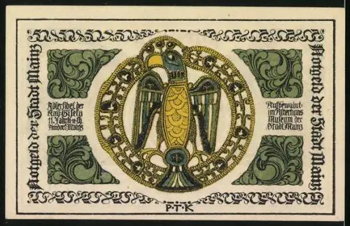 Notgeld Mainz 1921, 50 Pfennig, Wappen mit Rädern, Vogel