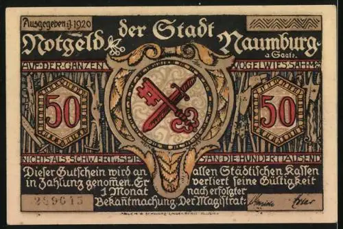 Notgeld Naumburg 1920, 50 Pfennig, Riese mit Kirchen