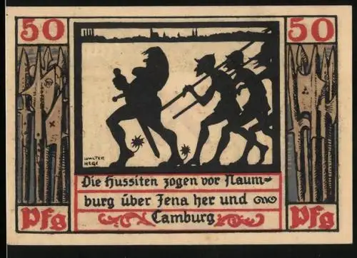 Notgeld Naumburg 1920, 50 Pfennig, Hussiten ziehen über Jena her
