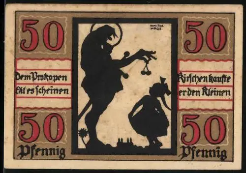 Notgeld Naumburg 1920, 50 Pfennig, Riese gibt Kirchen einem Mädchen