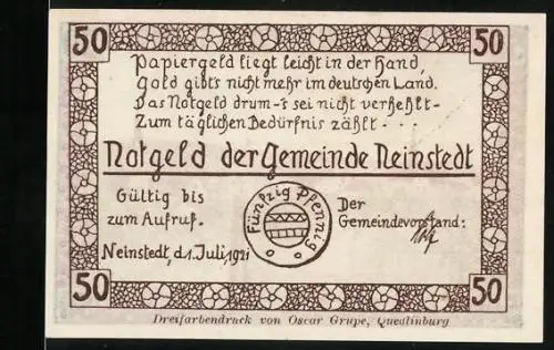 Notgeld Neinstedt 1921, 50 Pfennig, Gedicht, Teilansicht der Neinst. Anstalten