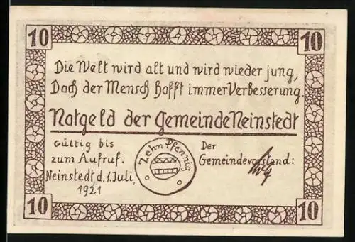 Notgeld Neinstedt 1921, 10 Pfennig, Gedicht, Blick nach Teufelsmauer
