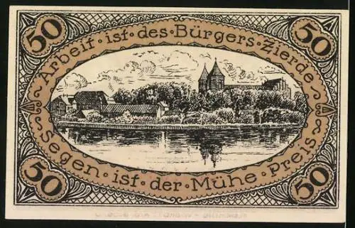Notgeld Neidenburg 1920, 50 Pfennig, Wappen mit wildem Mann, Ortsansicht