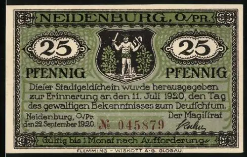 Notgeld Neidenburg 1920, 25 Pfennig, Wilder Mann und Ortsansicht