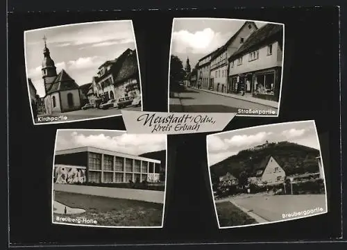 AK Neustadt /Odw., Strassenpartie mit Edeka Geschäft, Breuberg-Halle, Kirche