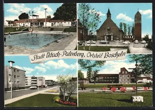 AK Übach-Palenberg-Boscheln, Freibad, Kirche, Strassenpartie