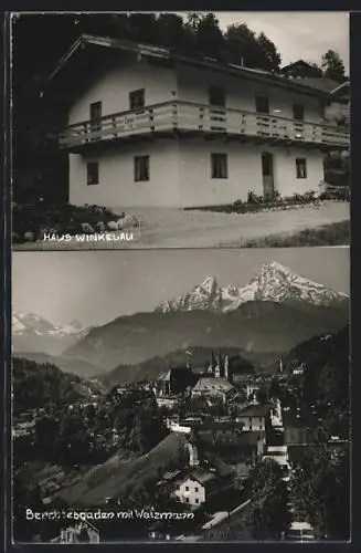 AK Berchtesgaden, Hotel-Pension Haus Winkelau, Ortsansicht mit Watzmann