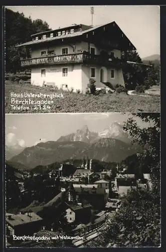 AK Berchtesgaden, Hotel-Pension Haus Untersbergblick, Ortsansicht mit Watzmann