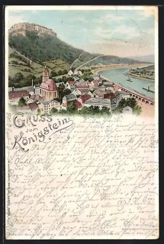 Lithographie Königstein /Elbe, Gesamtansicht der Ortschaft mit Elbe