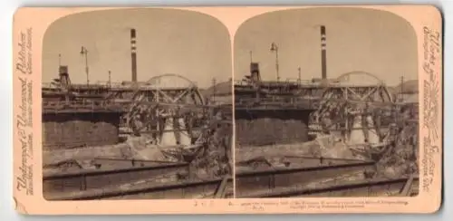 Stereo-Fotografie Underwood & Underwood, New York, die grosse Stampfmühle der Robinson Mine, Goldgrube Süd Afrika Bergbau