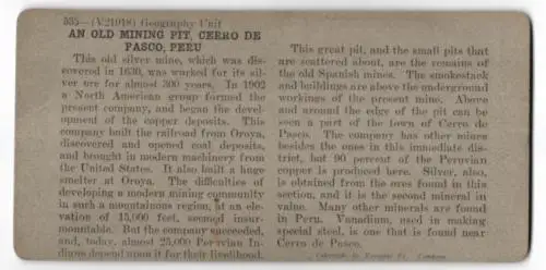 Stereo-Fotografie Keystone View Co., Meadville / PA., Old Mining Pit, Cerro de Pasco in Peru, Bergbau