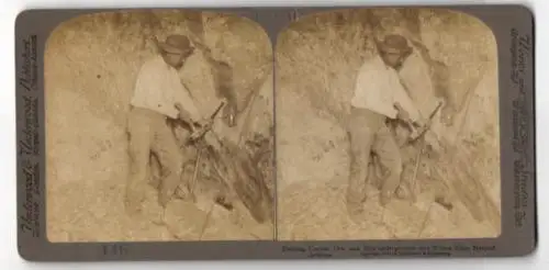 Stereo-Fotografie Underwood & Underwood, New York, Drilling Copper Ore one Mile Underground, Wilson Mine Metcalf Bergbau