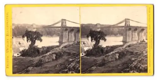 Stereo-Fotografie Francis Bedford, Ort unbekannt, Ansicht Bangor, suspension Bridge and Menai Straits from Anglesea