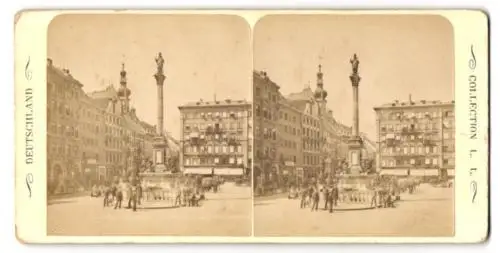 Stereo-Fotografie B. Johannes, München, Ansicht München, Marienplatz mit der Mariensäule