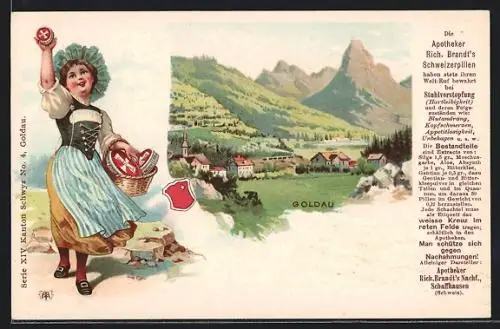 Lithographie Goldau, Panorama, Frau mit Korb, Reklame für Rich. Brand`s Schweizerpillen