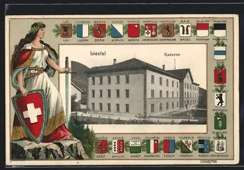 Präge-AK Liestal, Kaserne, Helvetia mit Schwert und Schild, Wappen von Uri, Luzern und Zürich, Passepartout