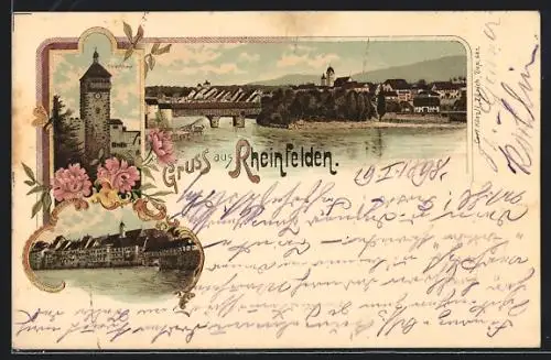 Lithographie Rheinfelden, Teilansicht mit Brücke, Obertor, Uferpartie