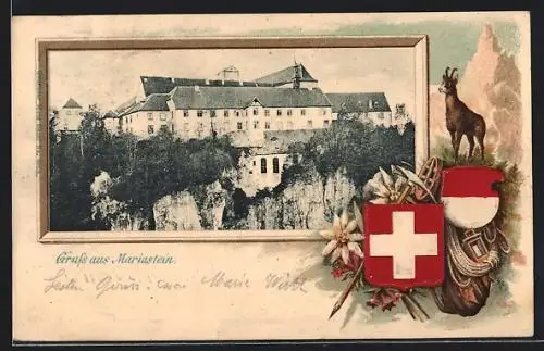 Passepartout-Lithographie Mariastein, Blick zum Benediktinerkloster, Wappen, Gemse