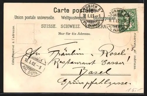 Lithographie Zürich, Panorama mit Kirche, Frau in Tracht