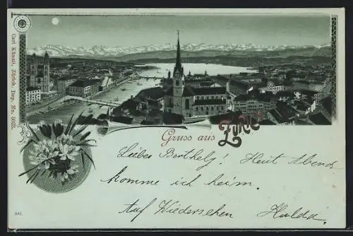 Lithographie Zürich, Totale mit Kirche