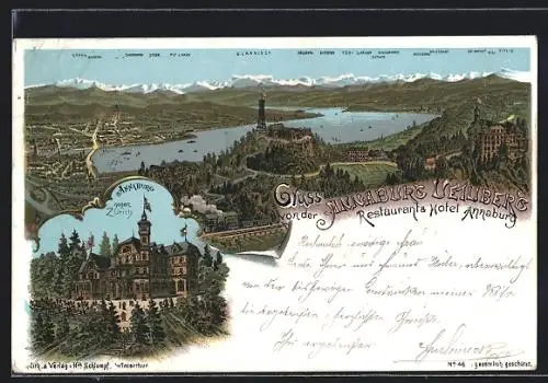 Lithographie Zürich, Restaurant und Hotel Annaburg, Totalansicht aus der Vogelschau