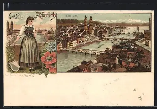 Lithographie Zürich, Teilansicht mit Kirche und Brücken