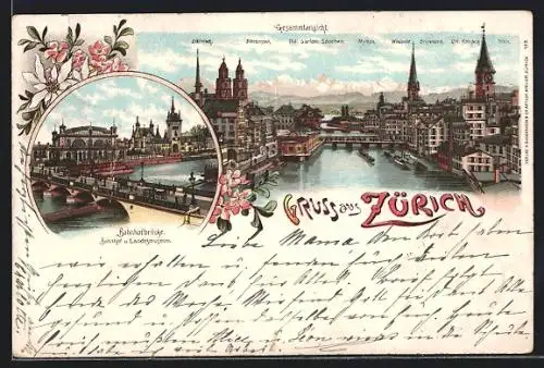 Lithographie Zürich, Bahnhofbrücke mit Bahnhof und Landesmuseum, Panorama