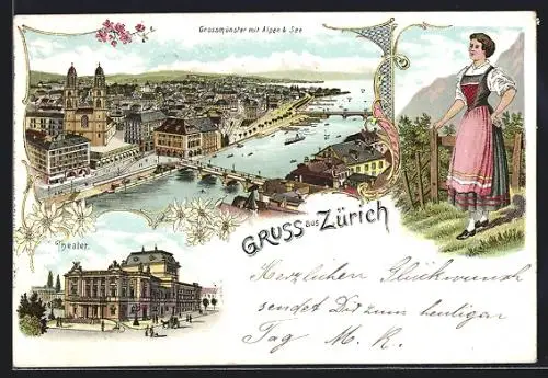 Lithographie Zürich, Grossmünster mit Alpen & See, Bahnhof und Tracht