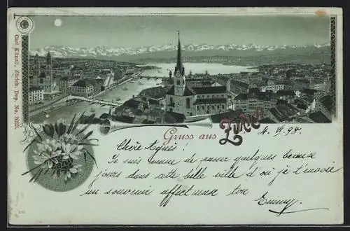 Lithographie Zürich, Totale mit Kirche