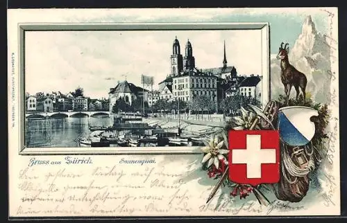 Passepartout-Lithographie Zürich, Partie am Sonnenquai, Wappen