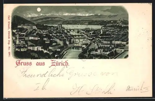 Lithographie Zürich, Teilansicht mit Brücken bei Mondschein