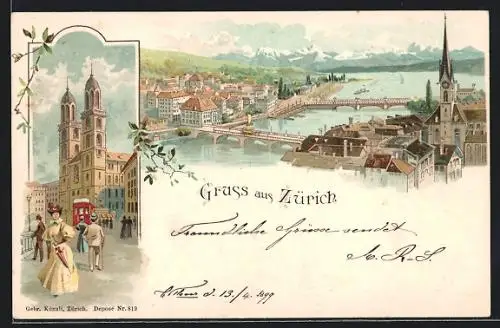 Lithographie Zürich, Gesamtansicht, Passanten am Grossmünster