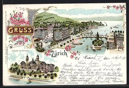 Lithographie Zürich, Tonhalle am Alpenquai, Zürichsee mit Brücke, Häuser und Gebirge, Blumen