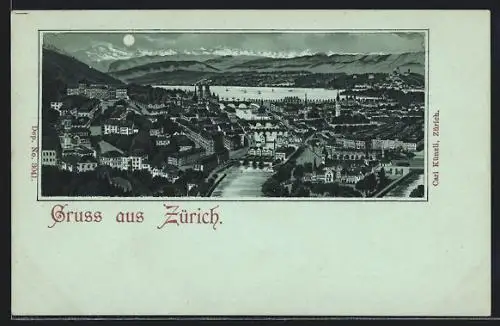 Mondschein-Lithographie Zürich, Teilansicht mit Brücken