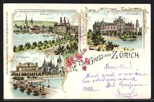 Lithographie Zürich, Landesmuseum, Utoquai, Alpenquai