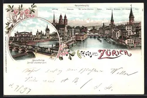 Lithographie Zürich, Ortsansicht und Bahnhofbrücke