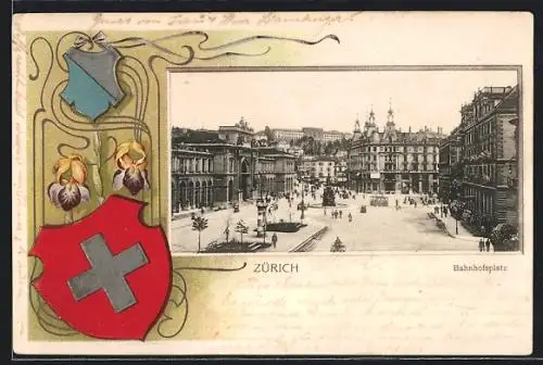 AK Zürich, Bahnhofsplatz mit Wappen