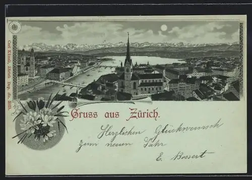 Lithographie Zürich, Panorama mit Kirche