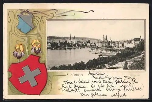 Passepartout-Lithographie Zürich, Blick zum Utoquai, Wappen