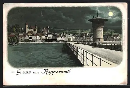 Lithographie Rapperswil, Teilansicht vom Ort bei Nacht