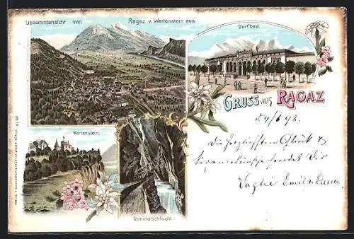 Lithographie Ragaz, Taminaschlucht, Wartenstein, Gesamtansicht, Dorfbad