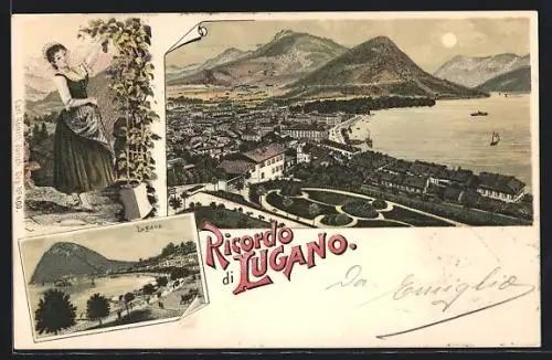 Lithographie Lugano, Teilansicht, Uferpartie, Frau erntet Wein