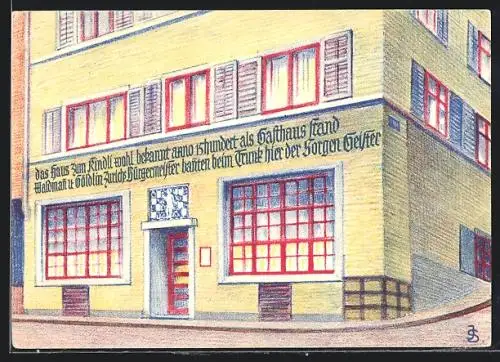 Künstler-AK Zürich, Restaurant Kindli, Strasse Rennweg / Pfalzgasse 1