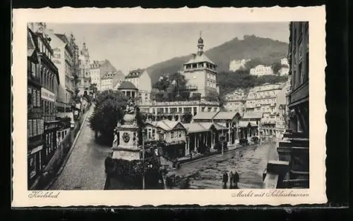 AK Karlsbad, Markt mit Schlossbrunnen